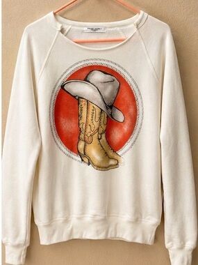 NWT Project Social T Rodeo Graphic Sweatshirt Cream Western Cowboy Boots Small
